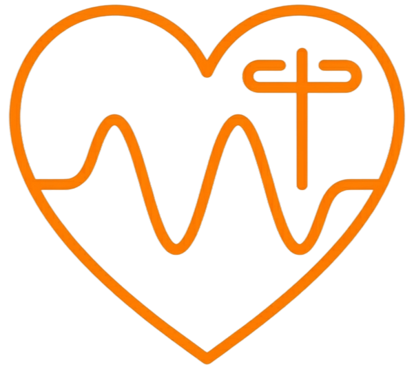 Icône orange de cœur fusionné avec onde radio et antenne sur fond blanc.