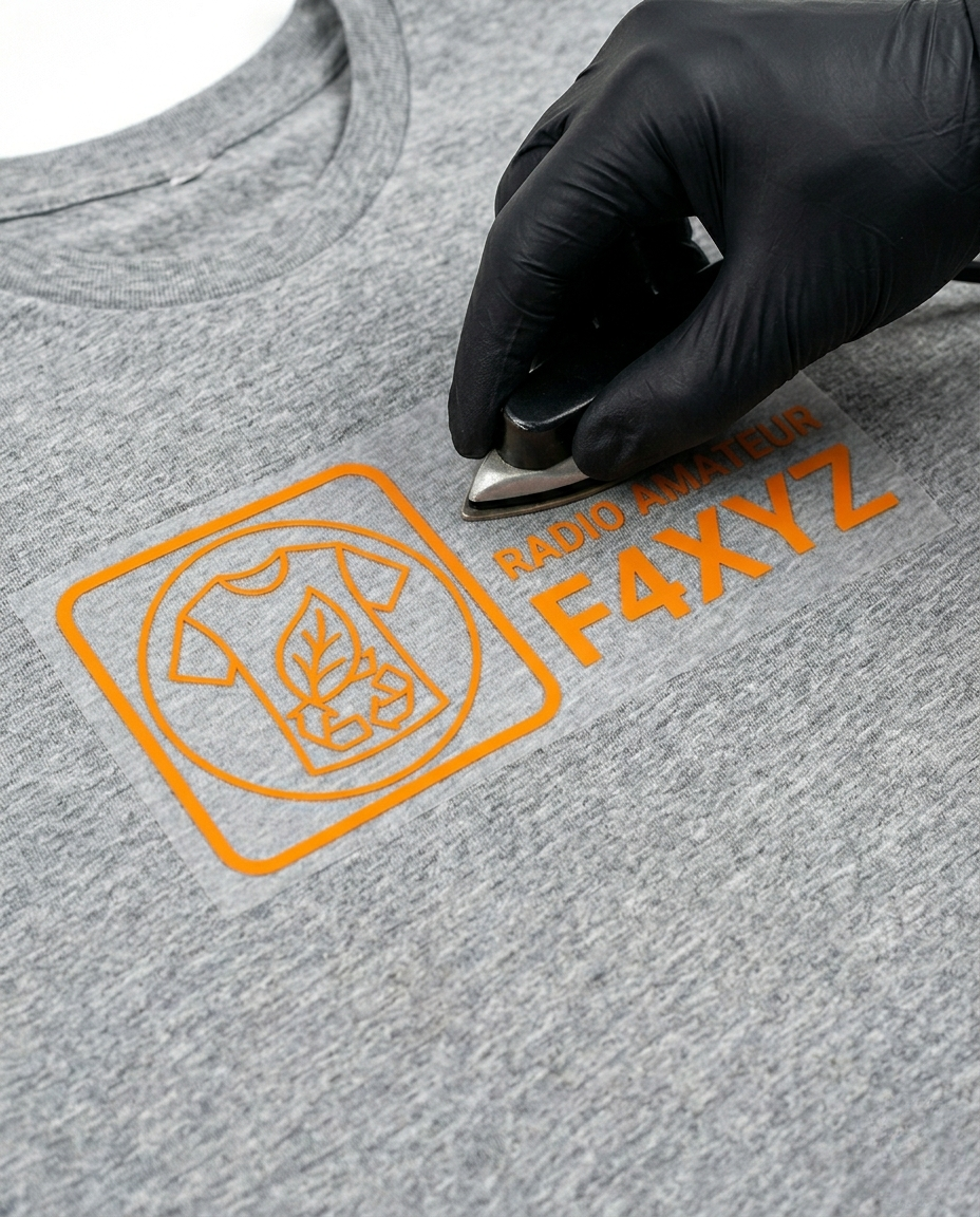 Photo de marquage d'un indicatif radio orange sur un t-shirt gris.