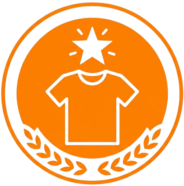 Icône orange de sceau de garantie avec t-shirt et étoile sur fond blanc.