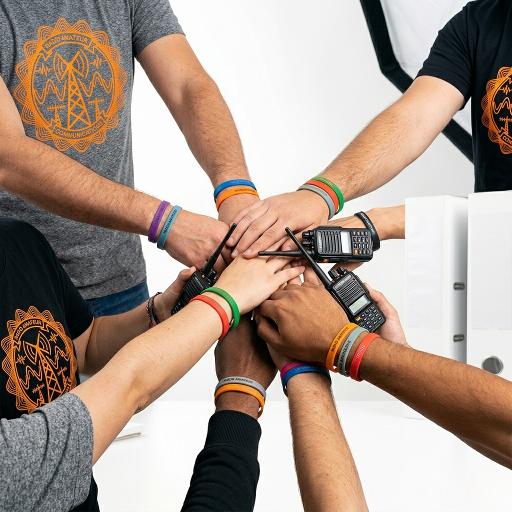 Groupe de passionnés de radio portant des vêtements personnalisés HamRadioShirt orange et noir.