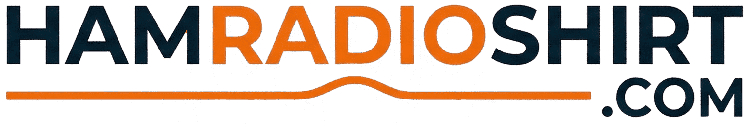 Logo HAMRADIOSHIRT.COM avec texte "RADIO" en orange et "HAM", "SHIRT", ".COM" en bleu marine, souligné par une ligne d'ondes radio orange sur fond noir.